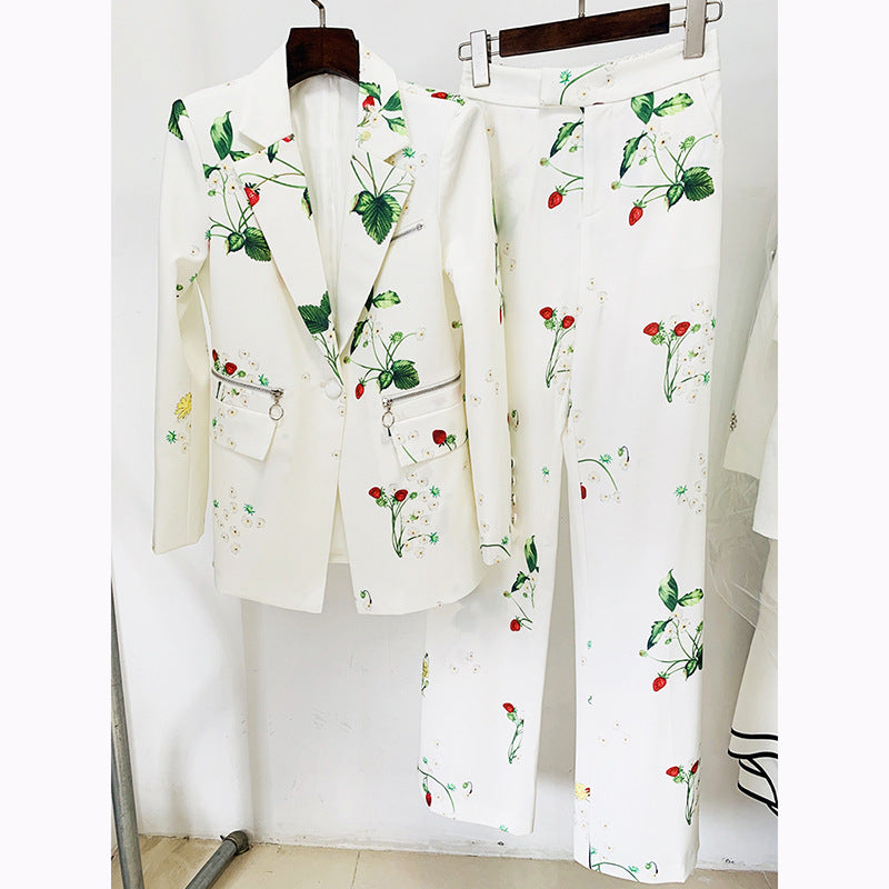 Star Elegant Strawberry Print Slim Fit Blazer Trousers Suit Two Piece Set