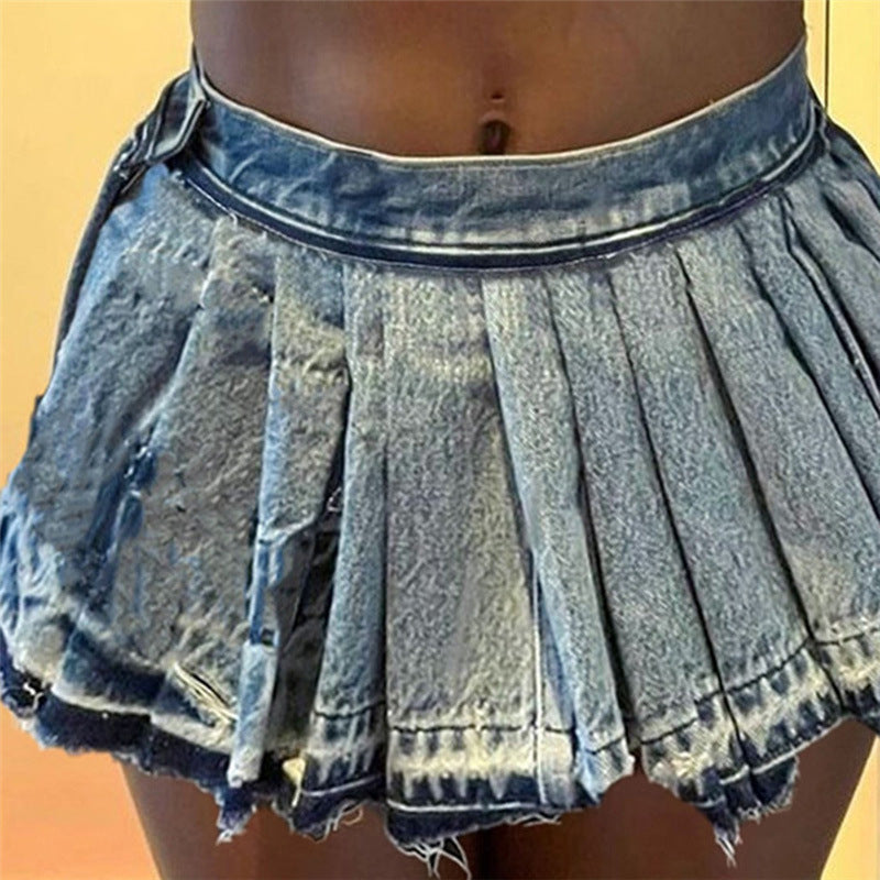 Summer Women Clothing Wash Street Pleated Sexy Sheath Denim Skirt