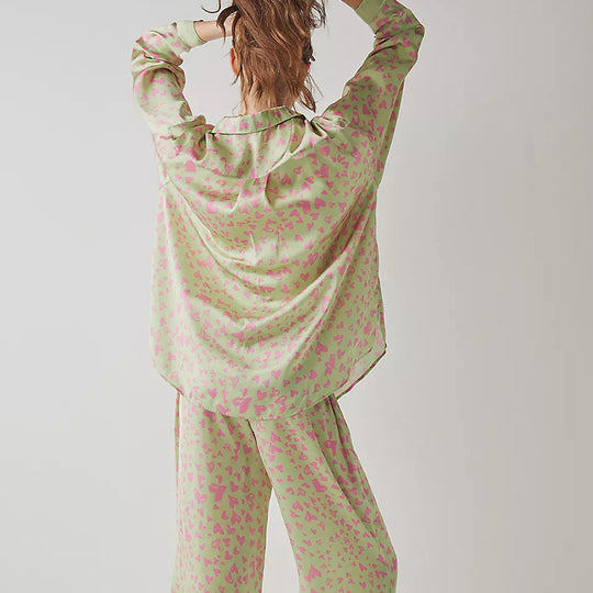Summer Long Sleeved Trousers Casual Loose Pajamas Two Piece Set Heart Printing Ladies Homewear
