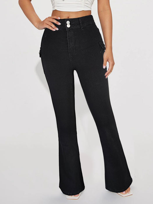 Women Wear High Waist Double Button Slim Jeans Bootcut Trousers