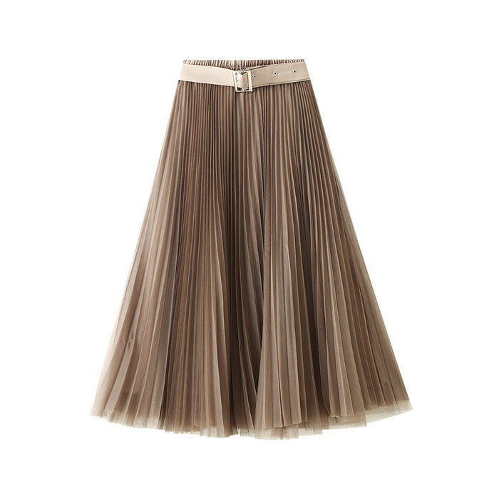 With Belt Mesh Skirt Women Autumn Winter High Waist Mid-Length Pleated Skirt A- Line Fairy  Gauze Skirt Skirt Skirt