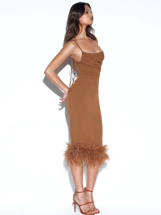 Women Elegant Lady Dress Feather Skinny Sheath Cami Dress