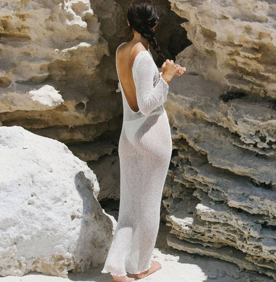 Sexy See Through Backless Slim Fit Comfortable Beach Beach Cover Up Bohemian Woolen Maxi Dress