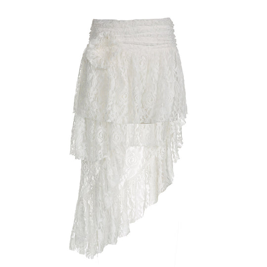 Bohemian Women Clothing Non Matream Solid Color Lace Stitching Asymmetric Rose Stitching Skirt