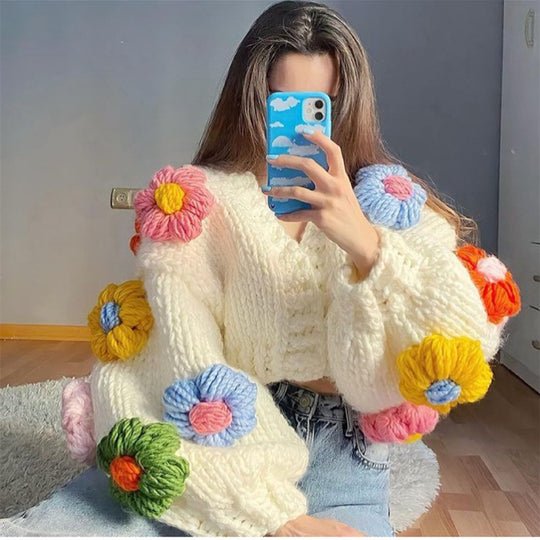 Autumn Winter Women Coat Crocheted Three-Dimensional Floral Lantern Sleeve Socialite Loose Lazy Thick Warm Sweater Cardigan