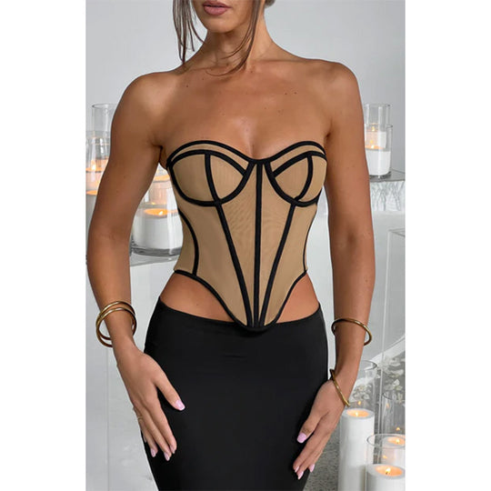 Sexy Tube Top Backless Design Lines Contrast Color Waist Top for Women