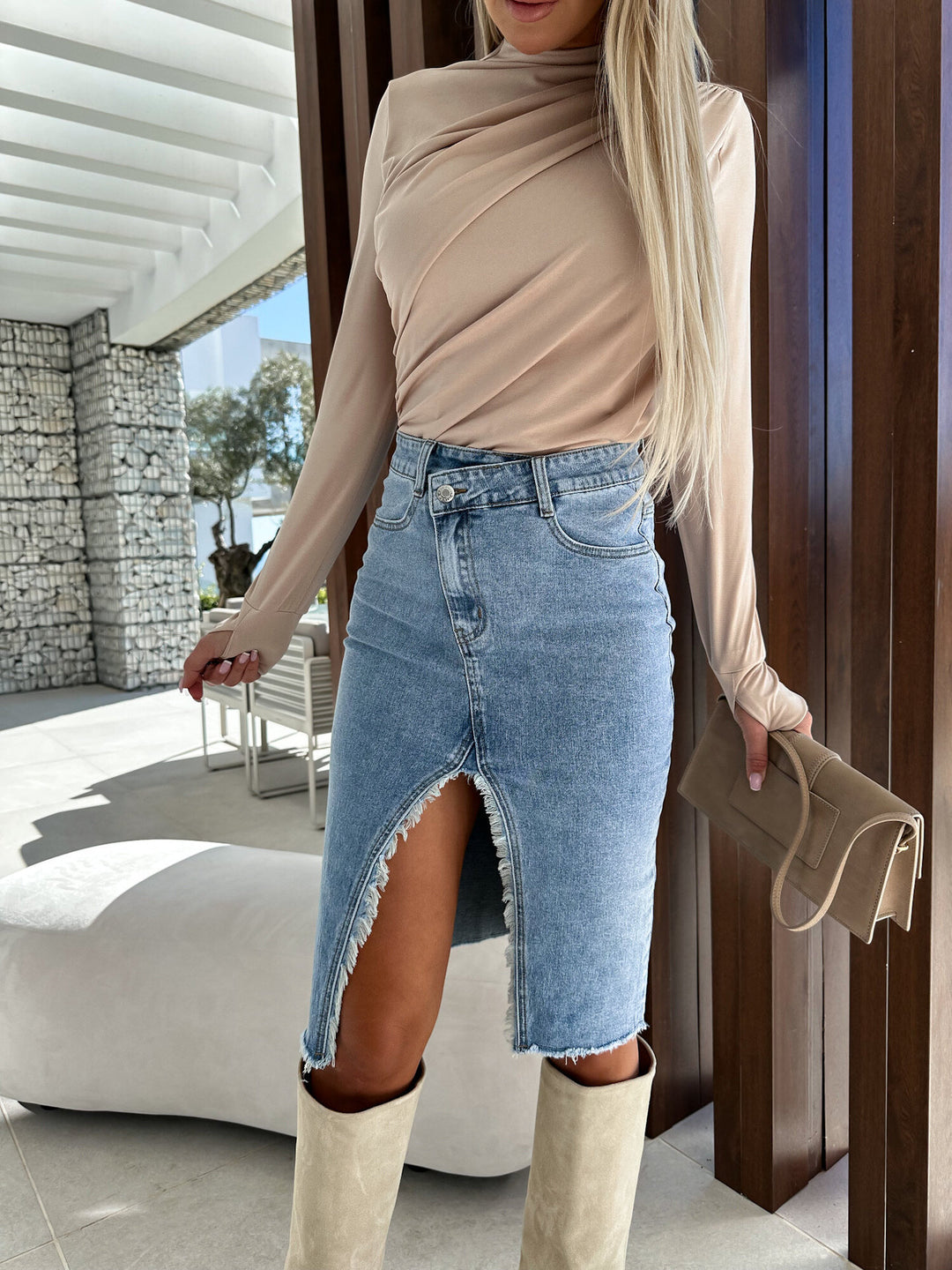 Spring Summer Fresh Sweet Slit Fashionable Casual Solid Color Denim Package Hip Skirt