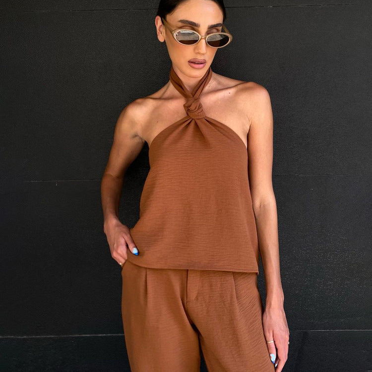 Women Clothing Summer Sexy Suit Halter Backless Top High Waist Casual Trousers Two Piece Suit