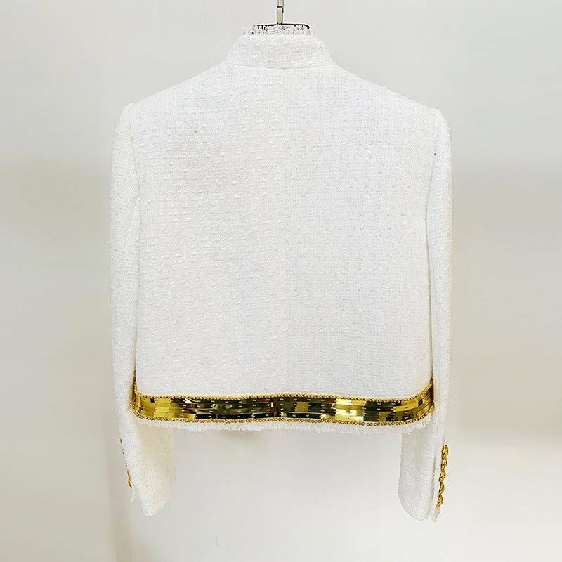 Goods Stars Elegant Heavy Industry Metal Sheet Beaded Stand Collar Woolen Coat Jacket