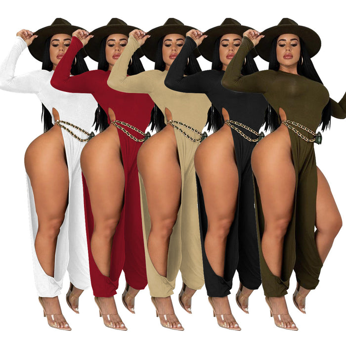 Women Clothing Sexy Open-Leg Jumpsuit Solid Color High-Elastic Artificial Cotton Fabric Jumpsuit for Women