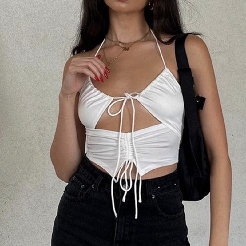 Summer Women Wear Top Drawstring Hollow Out Cutout out Strap U Collar Slim Fit Inner Wear Small Vest for Women