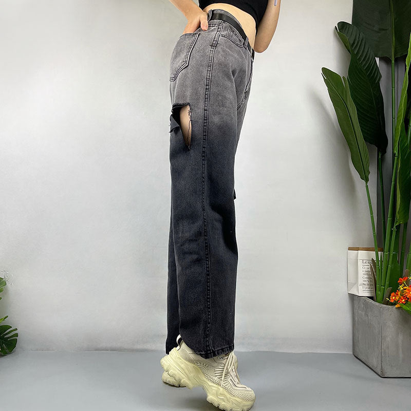Street Hipster Gradient Color Stitching Ripped Jeans Straight Leg Pants Fashionable Wide Leg Pants