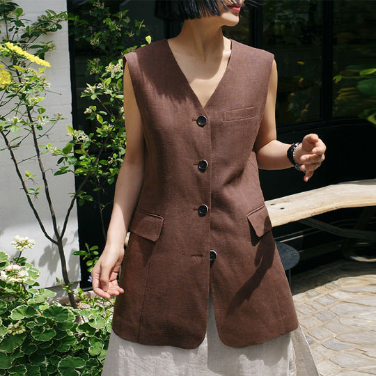 V neck Vest Coat Linen Mid Length Cotton Linen Korean Retro Fashionable Slim Sleeveless Vest Cardigan Women