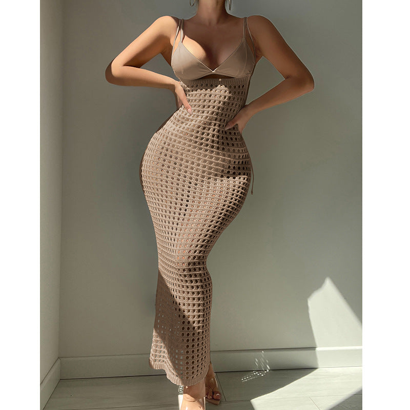 Women  Knitted Camisole Hollow Out Cutout Texture Sexy Slim High Waist Maxi Dress Beach Cover up Dress