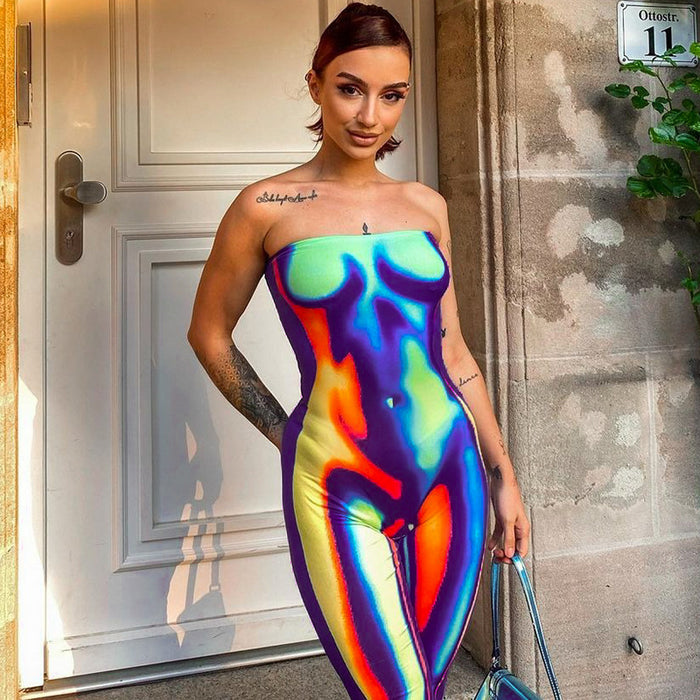 Women Clothing Summer Tube Top off Neck Multi Color Printed Slim Fit Hip Raise One Piece Trousers