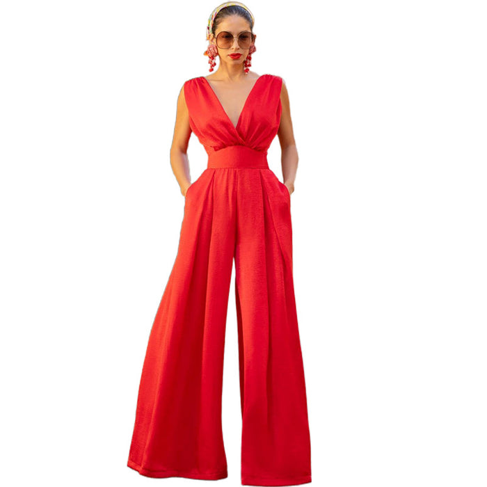 Women  Clothing Summer Elegant Slim High Waist Solid Color Jumpsuit