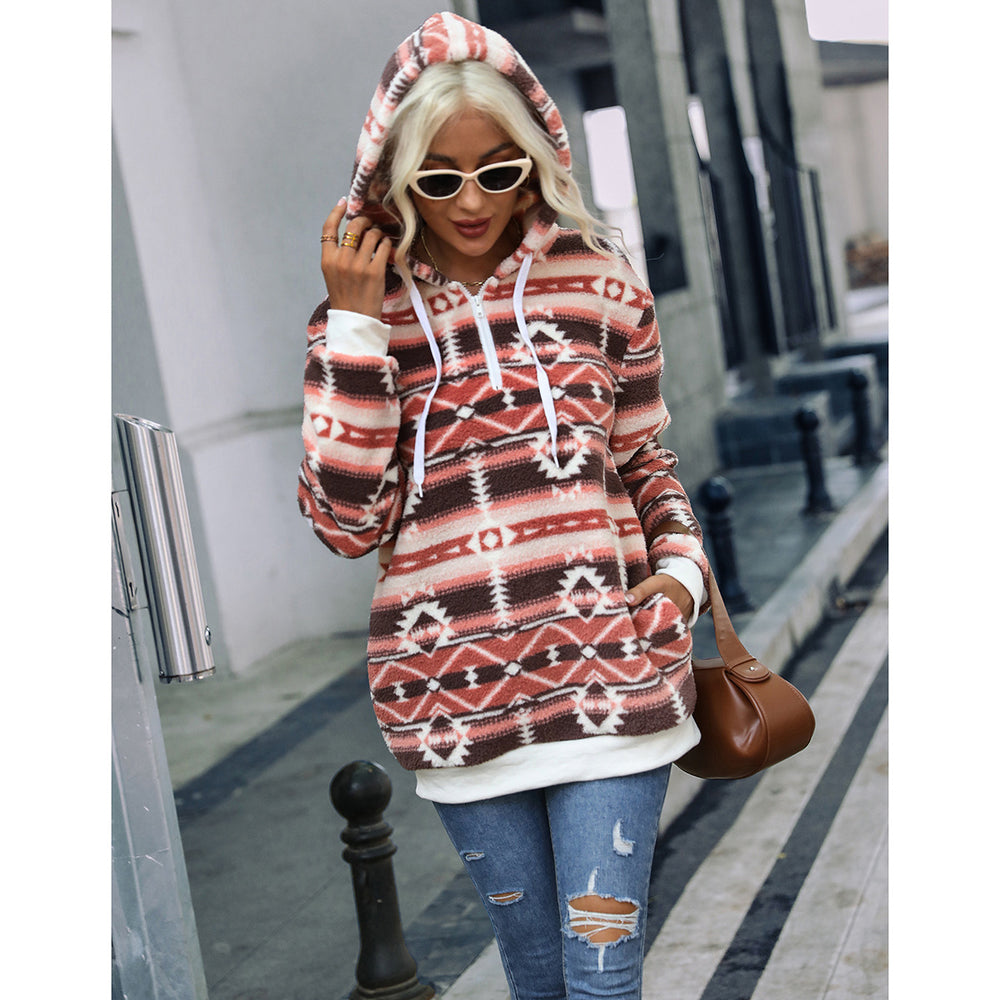 Casual Women's Autumn Clothing Pullover Hooded Fleece Lined Long Sleeve Loose Christmas Pattern Printed Zipper