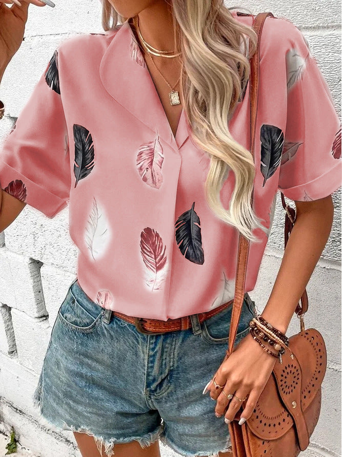 Summer Women Clothing Collared Feather Printed Short Sleeved Top Shirt