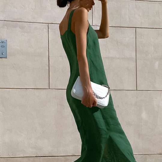 French Maxi Dress Cotton Linen Sleeveless Dress Women Summer Sexy Green Slit Straight Cami Dress
