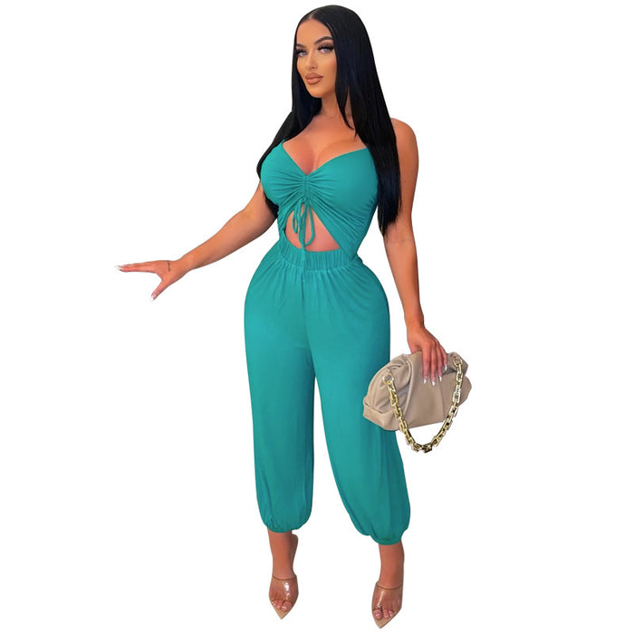 Women Clothing  Popular Low-Cut Casual Pleating Sling Jumpsuit Bloomers Plus Size
