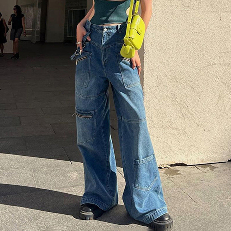 Tall Multi Pocket Zipper Worn Jeans Women Ribbon Straight Wide Leg Trousers