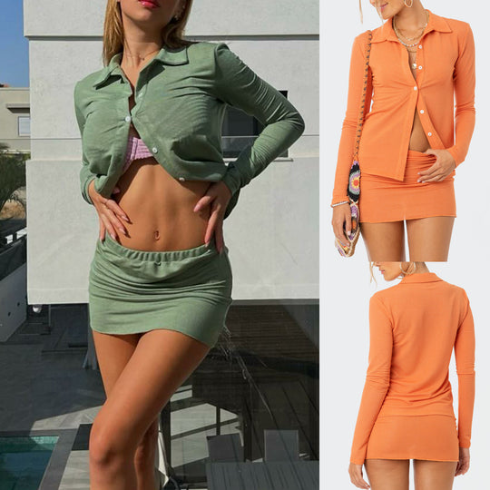 Spring Summer Casual Suit Women Solid Color Long-Sleeved Polo Collar Top Collared Single Breasted Hip Skirt