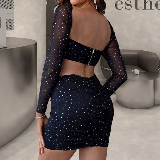 Sexy Black Suit Night Club Sexy Backless Long Sleeve Short Top Hip Skirt