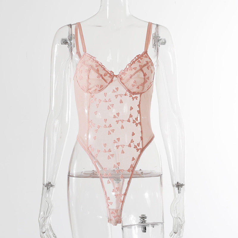 Sexy Small Heart Printing Transparent Mesh Jumpsuit Sexy Suit