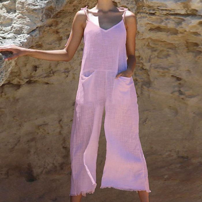 Popular  Women Clothing Summer Solid Color Sexy Sling Slub Linen Jumpsuit