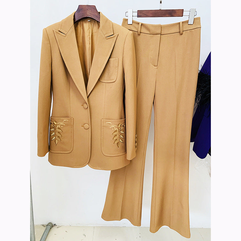 Socialite Graceful Embroidery Blazer Bootcut Pants Suit Two Piece Suit