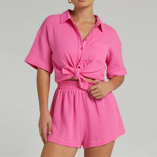 Solid Color Shirt Outfit Women  Casual Loose Short Sleeves Single Breasted Women  Clothing Spring Summer Shorts Two Piece Set