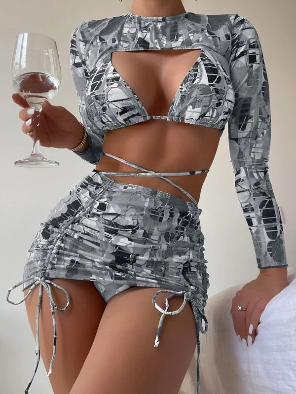 Binki Trendy Irregular Asymmetric Pattern Print Sex Long Sleeve Tether Swimwear