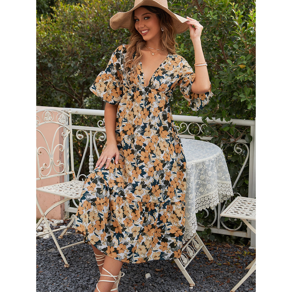 Women Clothing Sexy Casual Waist Tight Slimming V Neckline Floral Dress