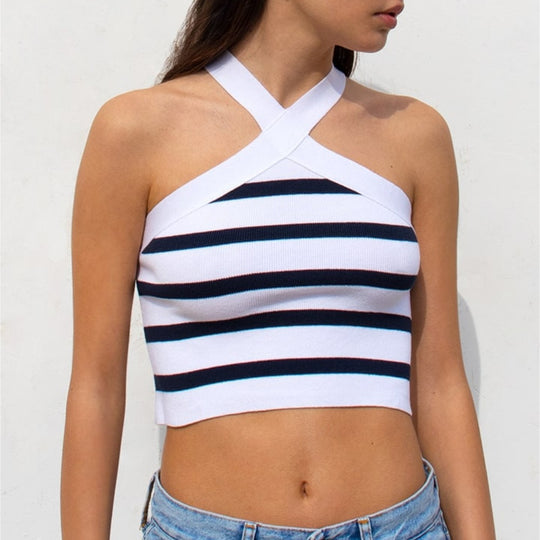 Summer Striped Cross-Halterneck Sexy Knitted Base Tube Top Outer Vest Women Clothing
