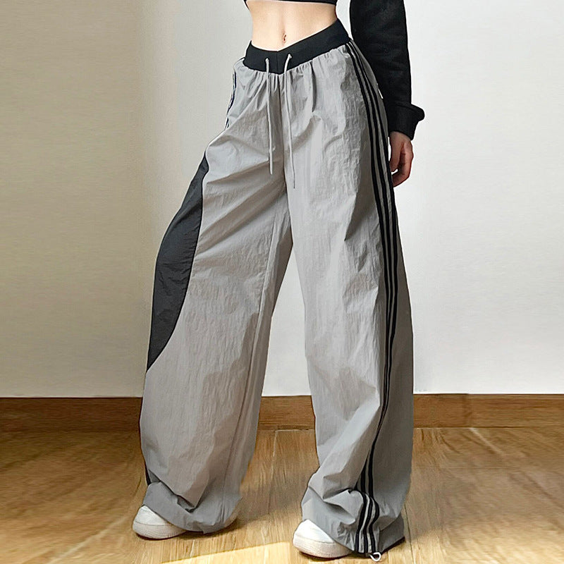 Fall Women Clothing Solid Color Loose Street High Waist Contrast Color Straight Wide Leg Pants