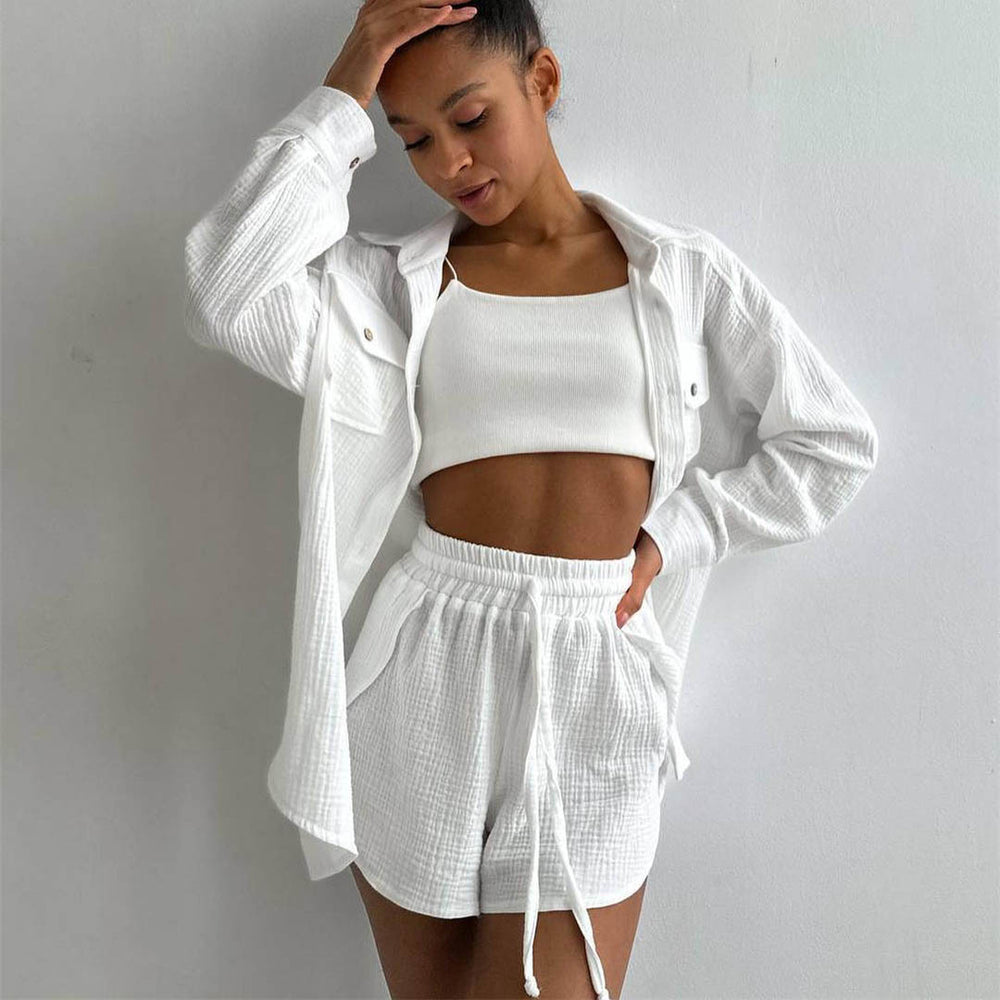 Women Clothing Spring Collared Loose Shirt High Waist Shorts Two Piece Set Casual Set