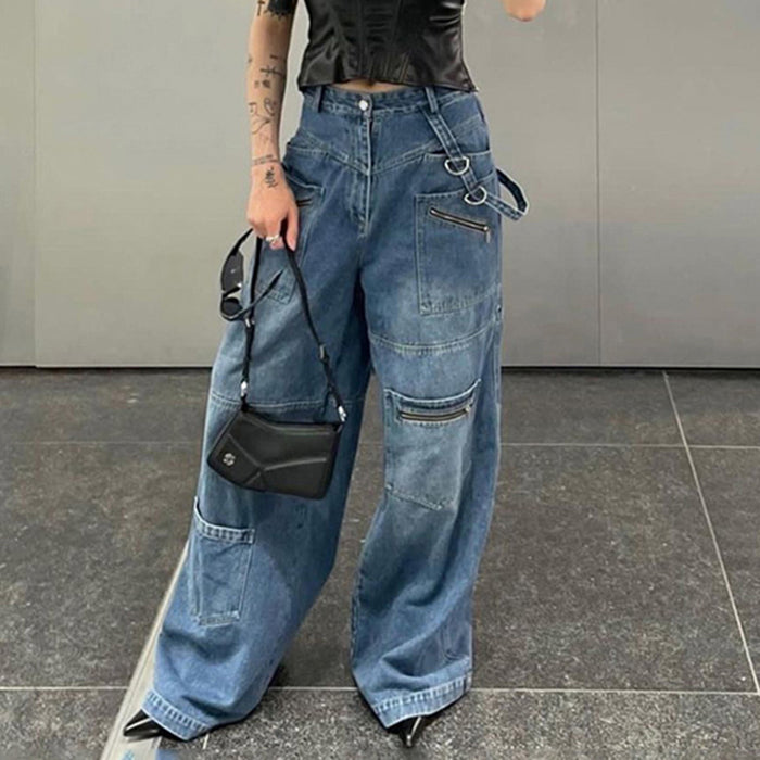 Tall Multi Pocket Zipper Worn Jeans Women Ribbon Straight Wide Leg Trousers
