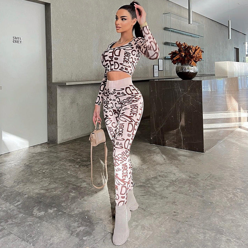 Women Clothing Winter Letter Graphic Printing round Neck Long Sleeve Top High Waist Hip Lift Leggings Suit
