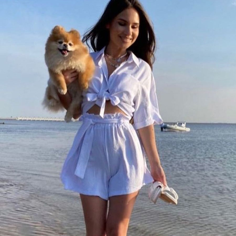 Women Clothing Solid Color Single-Breasted Short Sleeve Shirt Strap Casual Beach Two-Piece Set