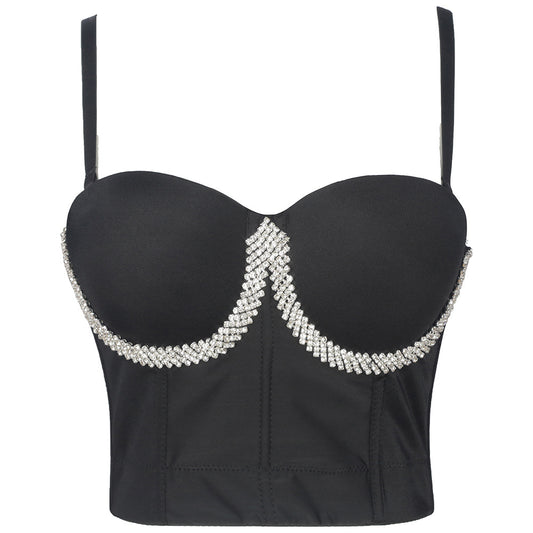 Diamond Embedded Fashionable Women Breathable Slim Fit Bra Outer Wear Sexy Wrapped Chest Backless Sexy French Camisole