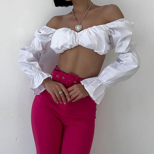Spring Summer Women Bubble Long Sleeve Sexy Slim Fit Short Cropped Top
