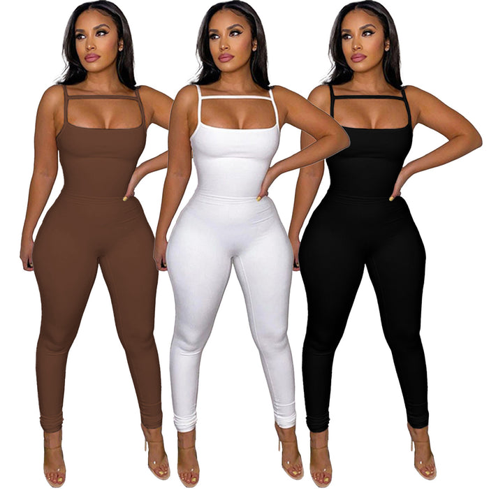 Women Clothing  Spring Summer Solid Color Spaghetti Straps Slimming Slim Fit Bodysuit
