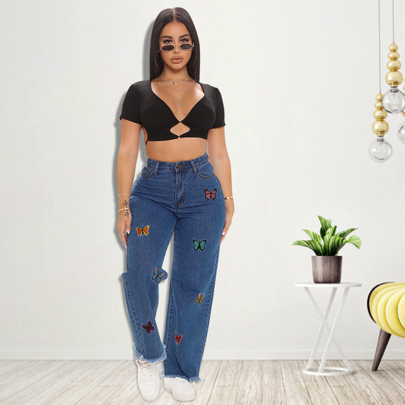 Women Clothing  Autumn New Embroidered Washed Sexy Jeans