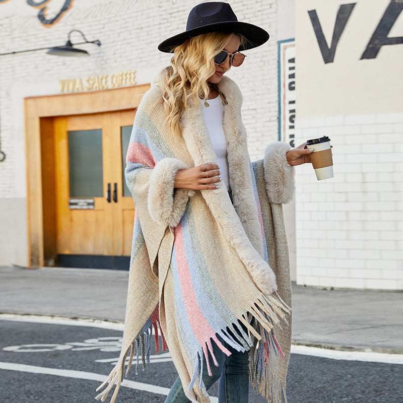 Hooded Cape for Women Autumn Winter Striped Knitted Tassel Shawl