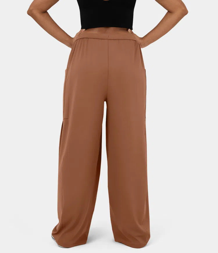 Women Clothing Elastic Waist Pleated Wide Leg Pants High Waisted Trousers Casual Loose Trousers