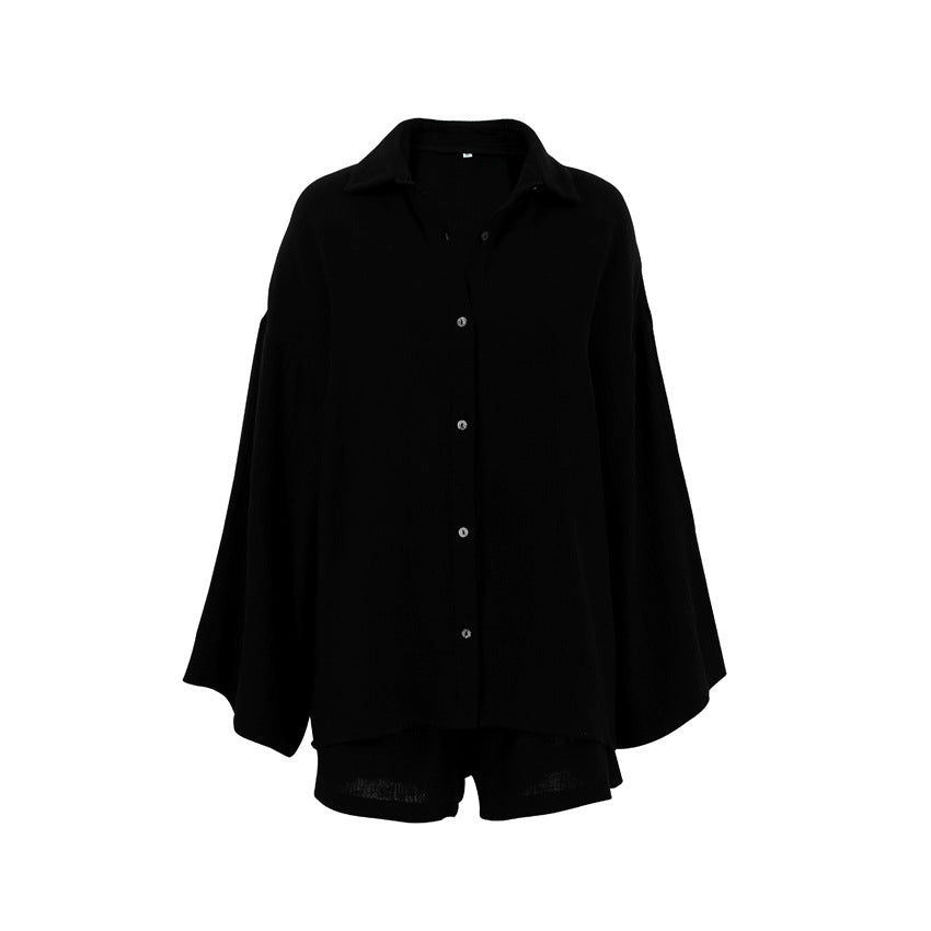 Summer Black Cardigan Loose Casual Pajamas Two Piece Set Long Sleeve Shorts Outer Wear Ladies Homewear