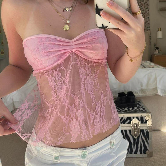 Fresh Sexy Lace See through Sweet Girl Girl Bow Tube Top Sexy Backless Outer Wear Bottoming Top