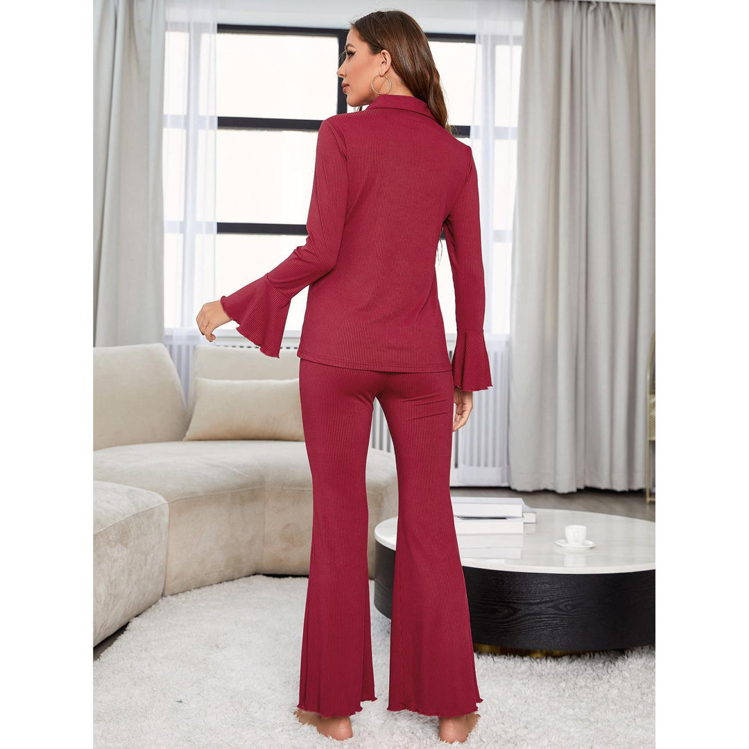 Pajamas Women Autumn Winter Red Threaded Long Sleeve Home Wear Two Piece Set