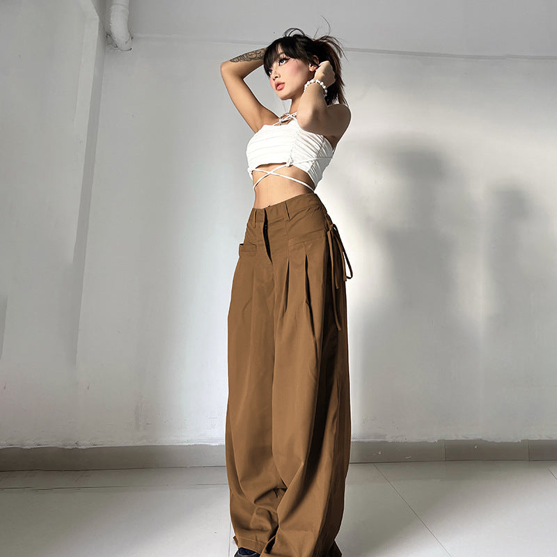 Distressed Gray Woven Straight Leg Pants Women  Sexy High Waist Loose Slim Fit Draping Ribbon Trousers