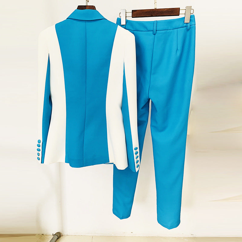 Star Color Contrast Color Matching One Button Suit Skinny Pants Suit Two Piece Set